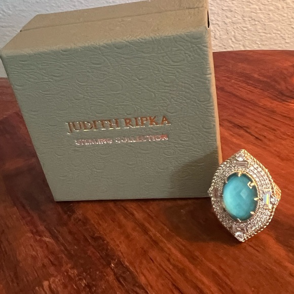 EUC Judith Ripka 14K Gold Clad Turquoise Doublet and Diamonique Cocktail Ring - Picture 14 of 14